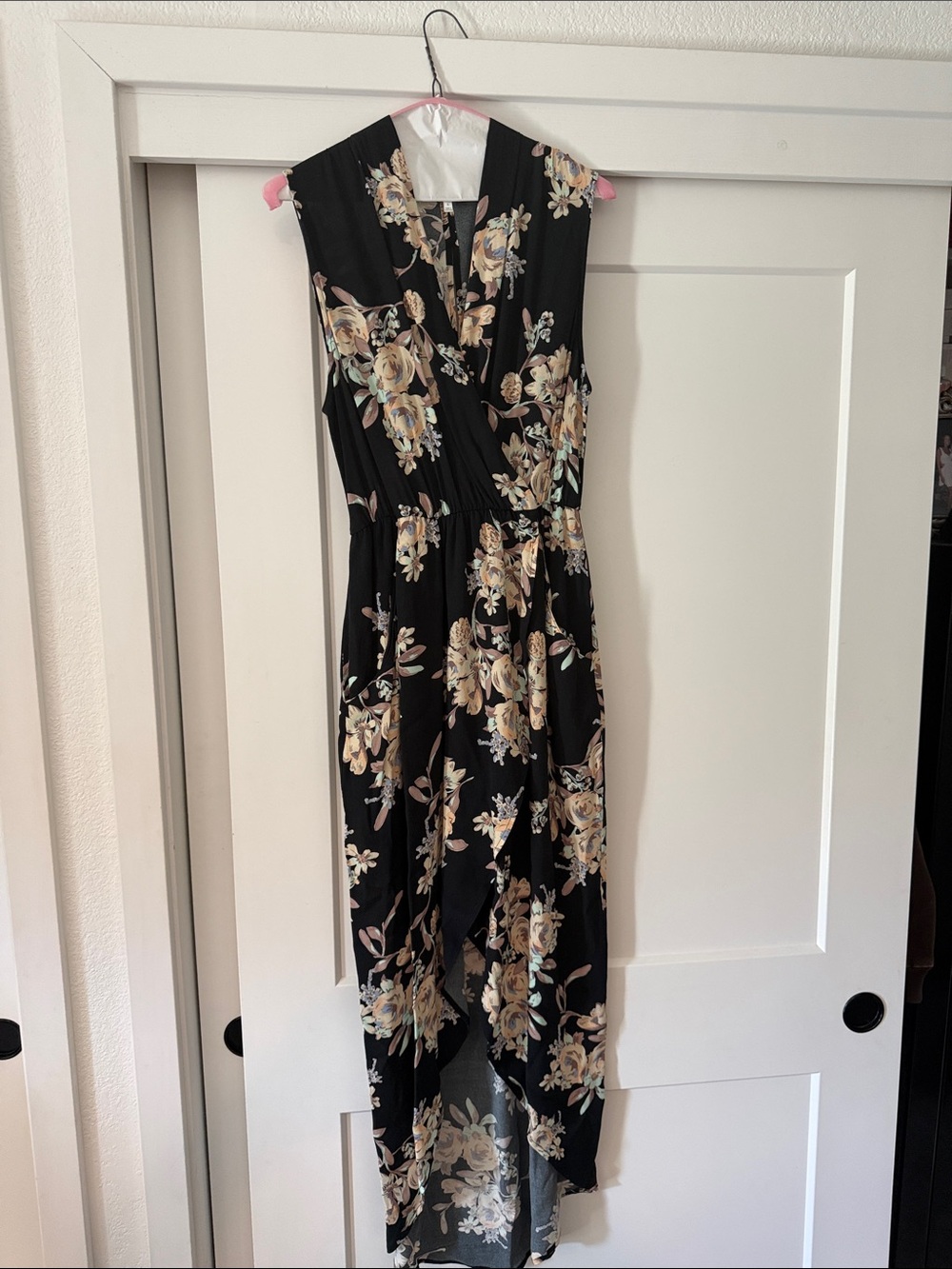 Astr Black Floral High-Low Dress with Cream & Pale Blue Blooms